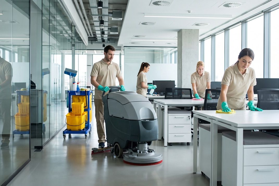 Reinigungsteam mit Scheuersaugmaschine bei der Grundreinigung eines Büros
